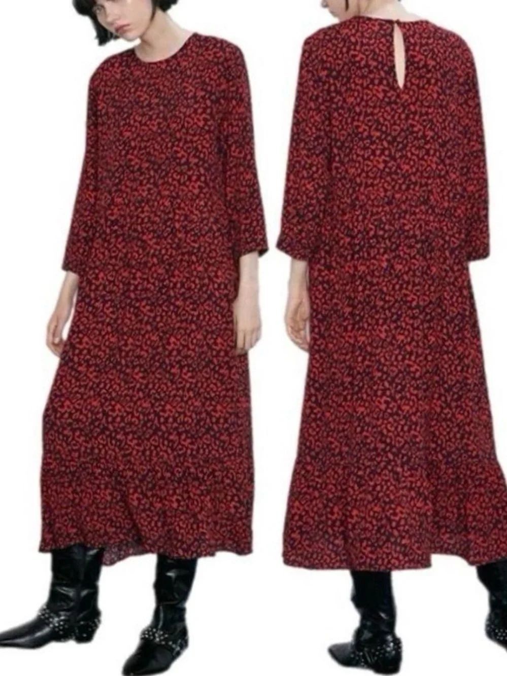 Zara Red Black Leopard Print Midi Dress M Long Sleeve Mob Wife Date Night Y2K